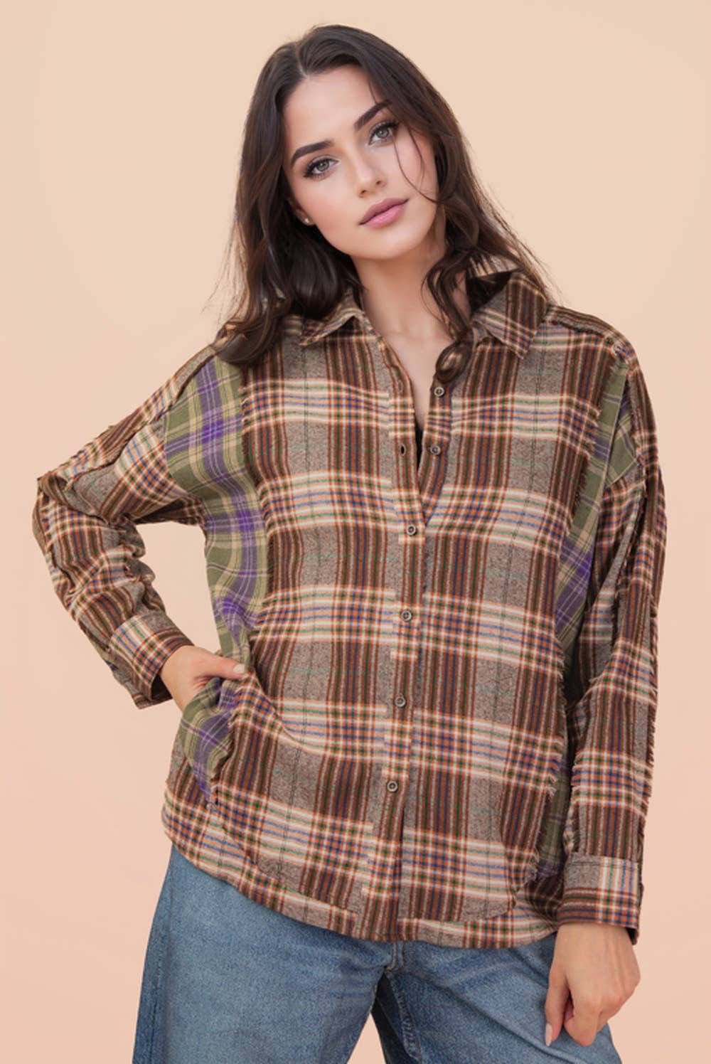 Plaid Detail Casual Shirt Top