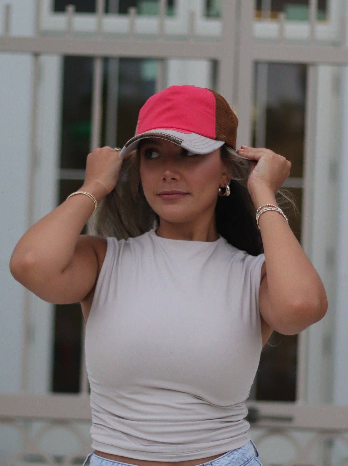 Red and Gray Hat with Brown Mesh