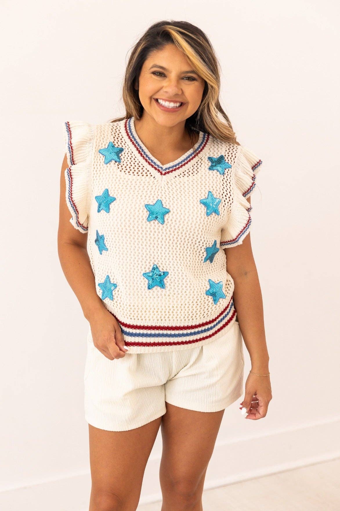 Knit Vest With Sequin Stars Patches (Curvy Size)