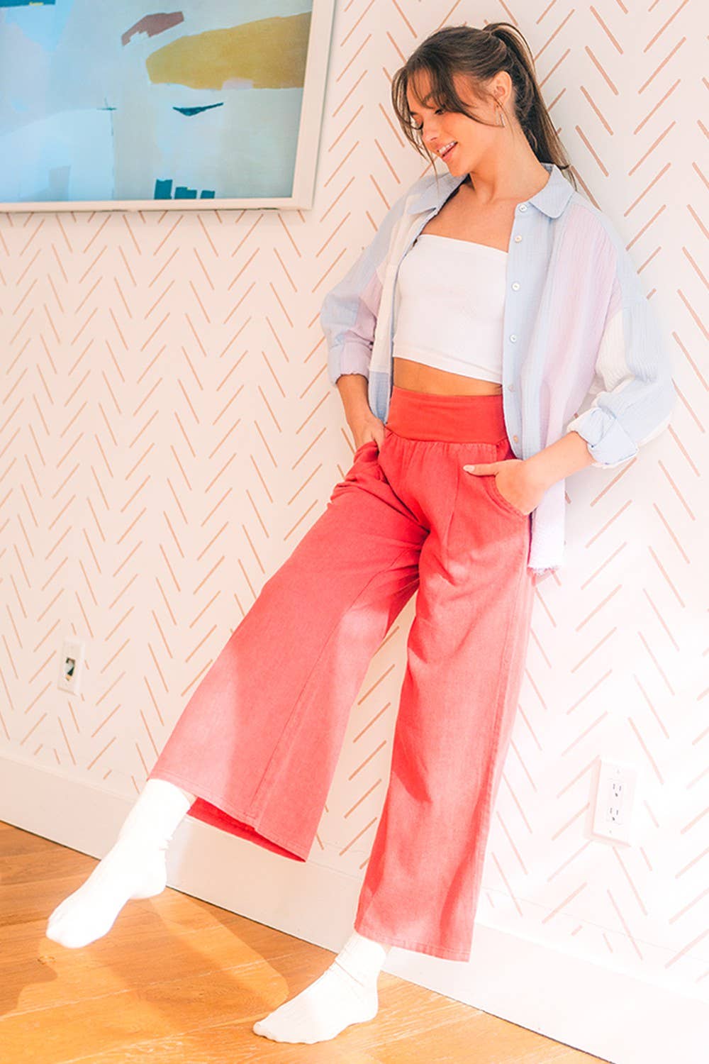 Woven Knit Waist Wide Leg Pants