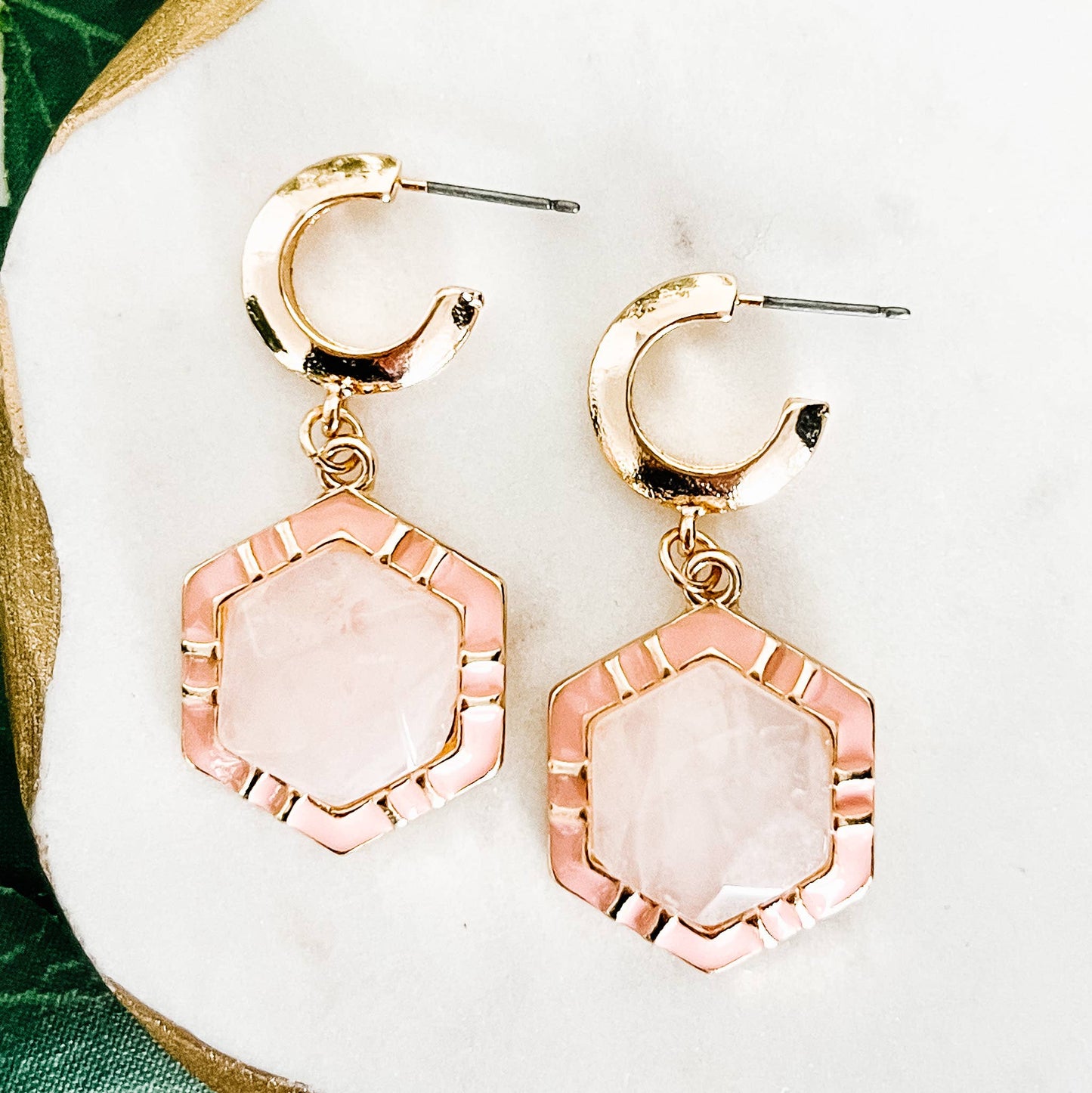Hexagon Stone Dangle Earrings