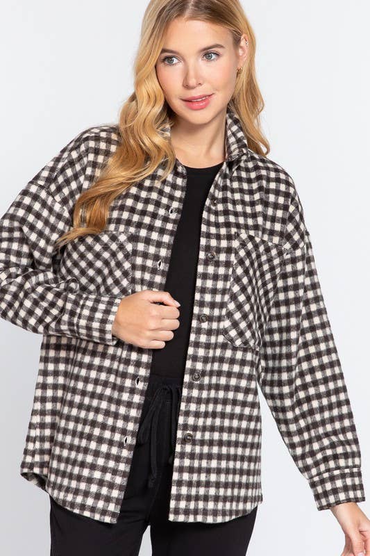 Long Sleeve Brushed Plaid Oversized Jacket