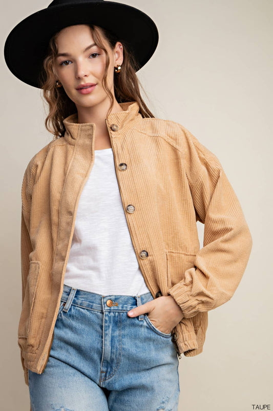 Washed Corduroy Hidden Zipper Button Down Jacket