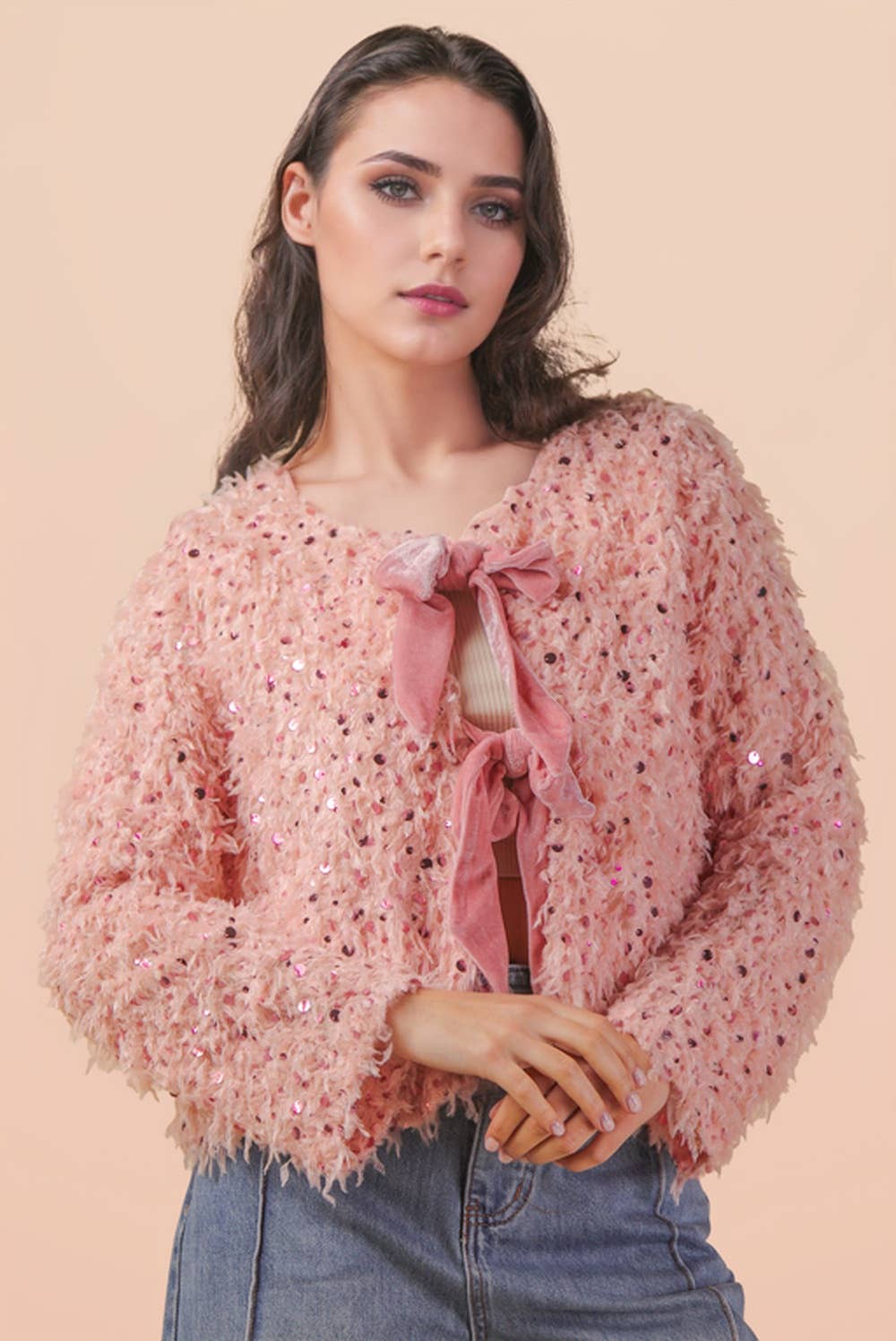 Sequin Textured Holiday Jacket with Front Tie