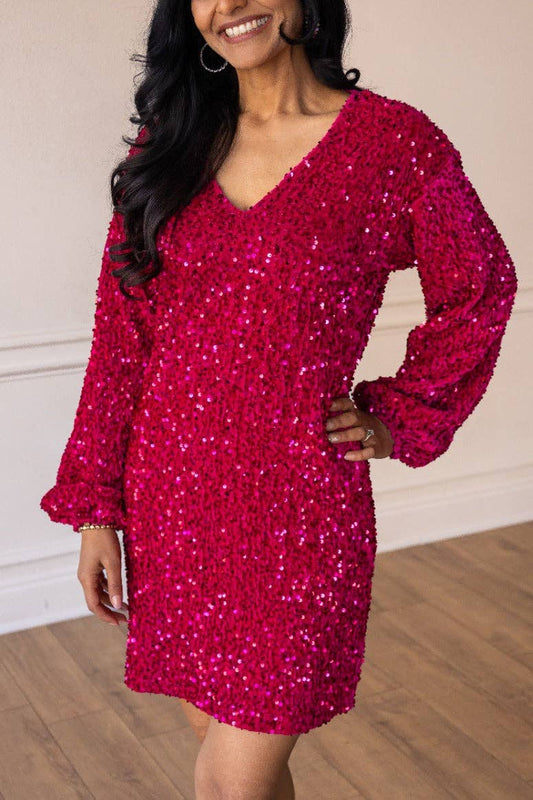 Hot Pink V-Neck Sequin Dress
