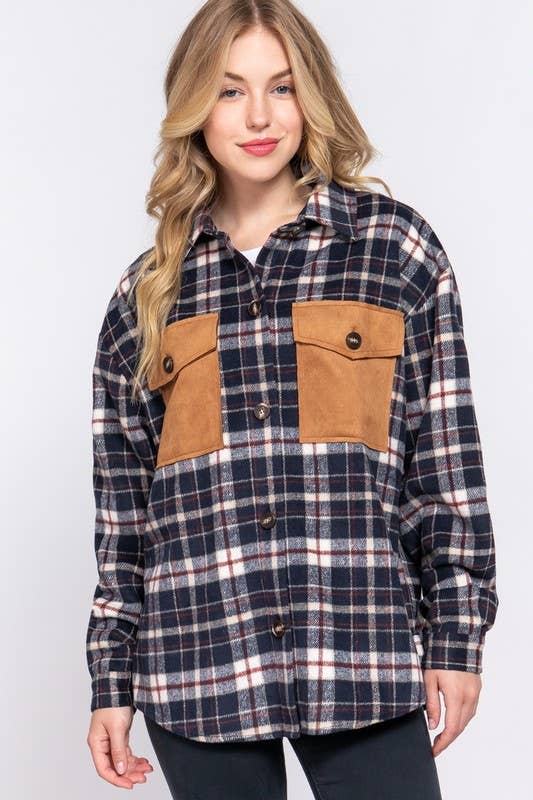 Long Sleeve Suede Pocket Detail Brushed Plaid Shacket