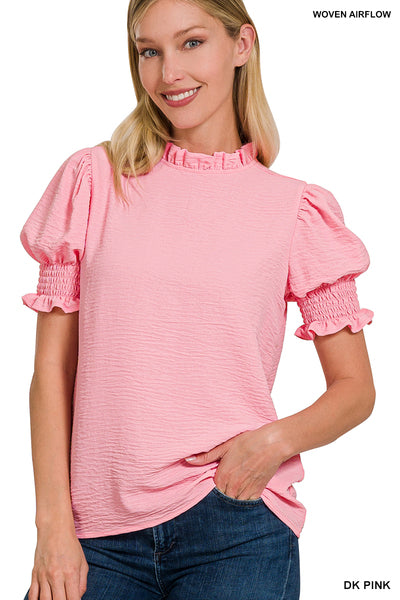 Zenana Woven Airflow Mock Neck Smocked Puff Sleeve Top