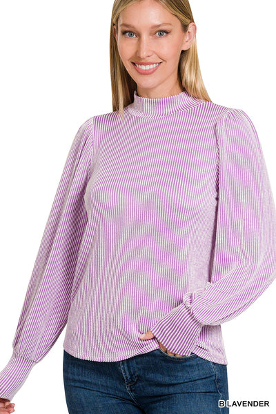 Zenana Ribbed Mock Neck Puff Long Sleeve Top