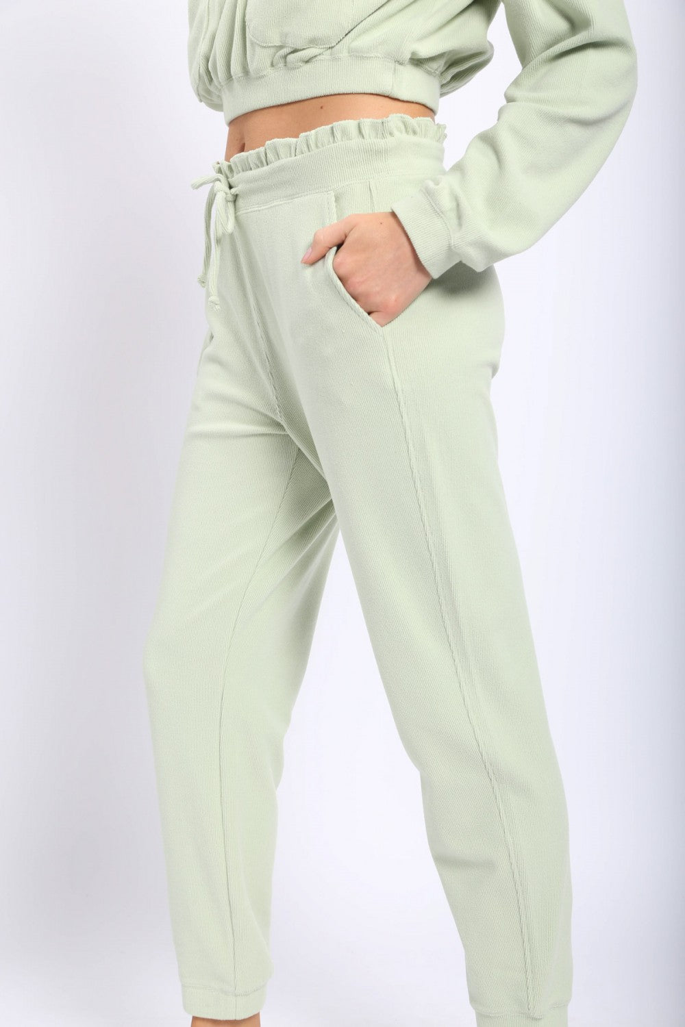 Mono B Ribbed Cropped Hoodie and Joggers with Ruffled Waistband Separates
