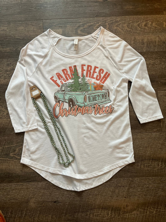 Christmas Farm Fresh Trees 3/4 Sleeve Raglan Tee
