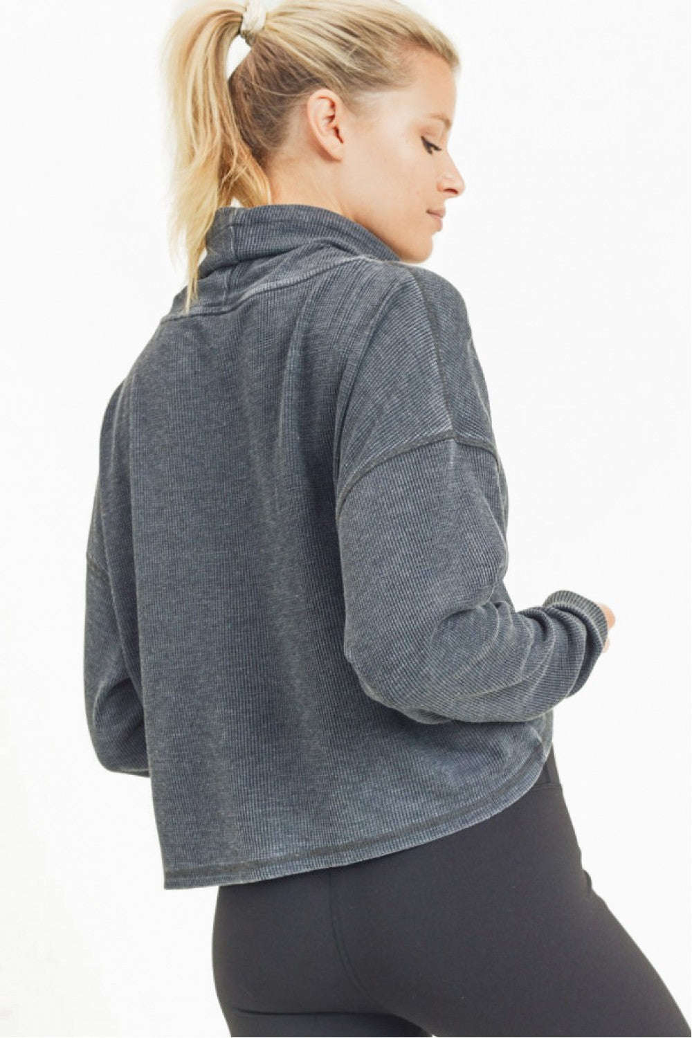 Mono B Boxy Mineral-Washed Cowl-Neck Pullover with Waffle Knit