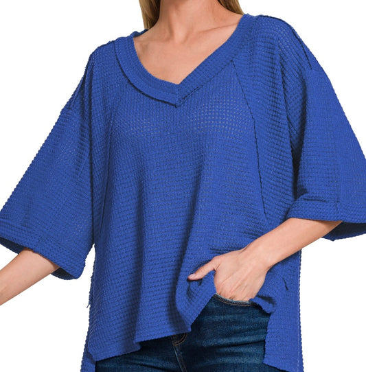 Zenana Brushed Waffle Exposed-Seam 3/4 Sleeve Top
