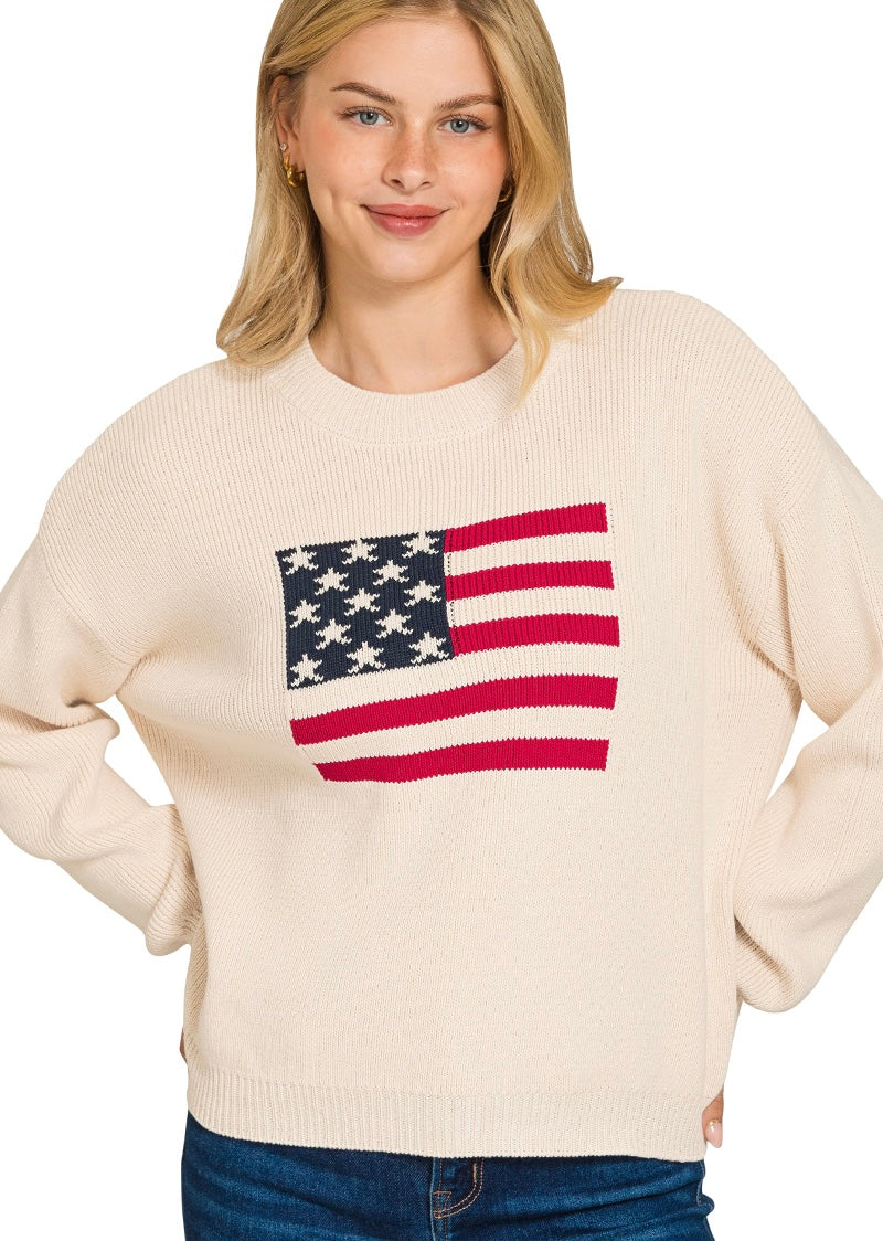 Zenana American Flag Crew Neck Sweater