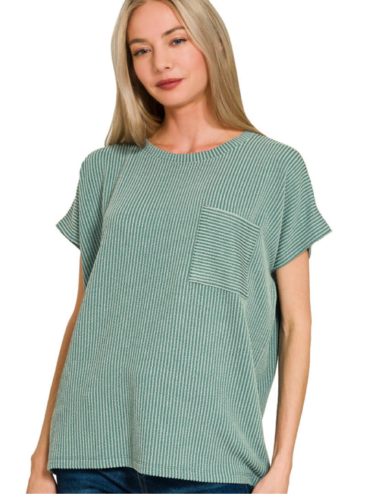 Zenana Raised Rib Front Pocket Boxy Top