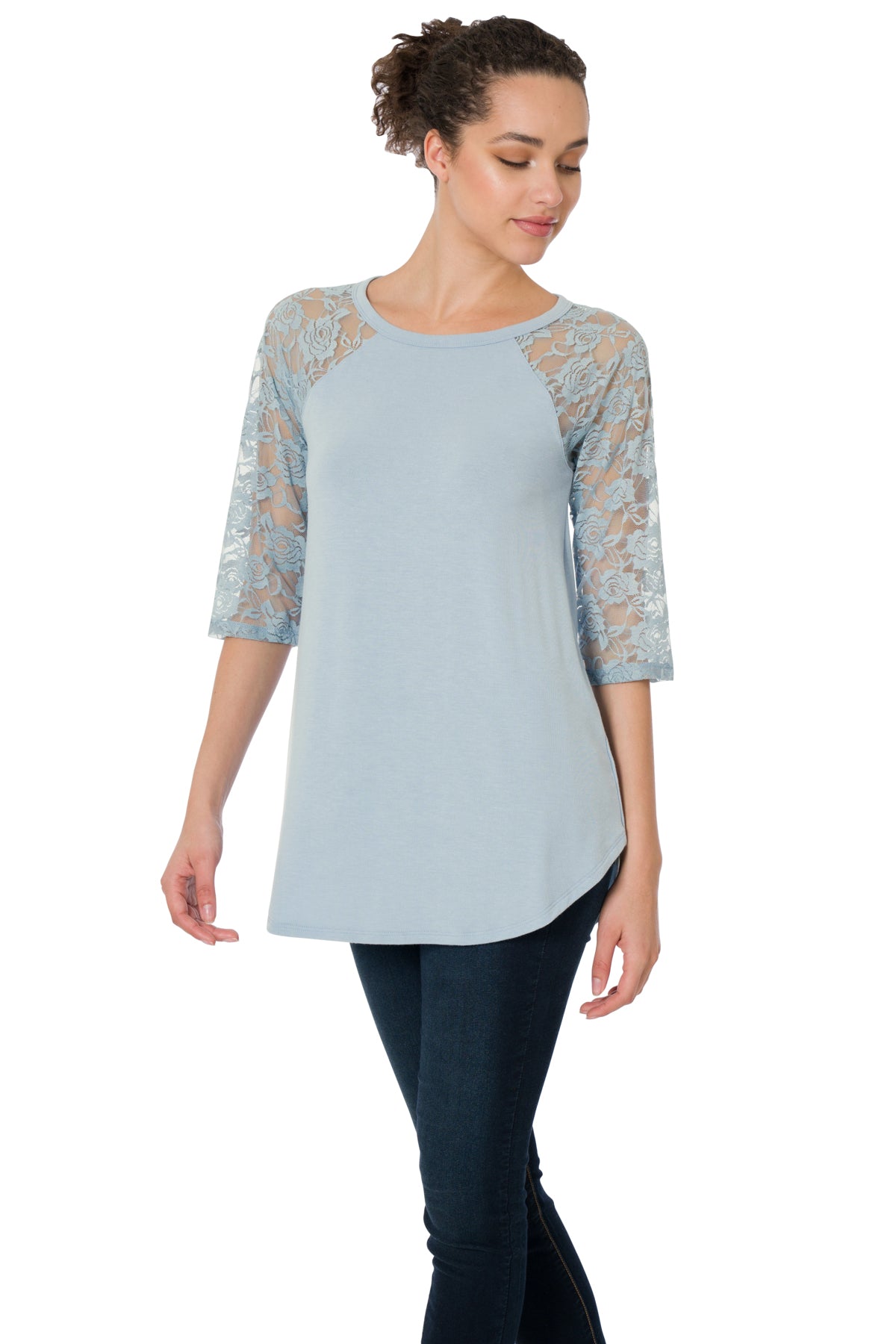 Zenana Lace Half Sleeve Round Neck & Hem Top