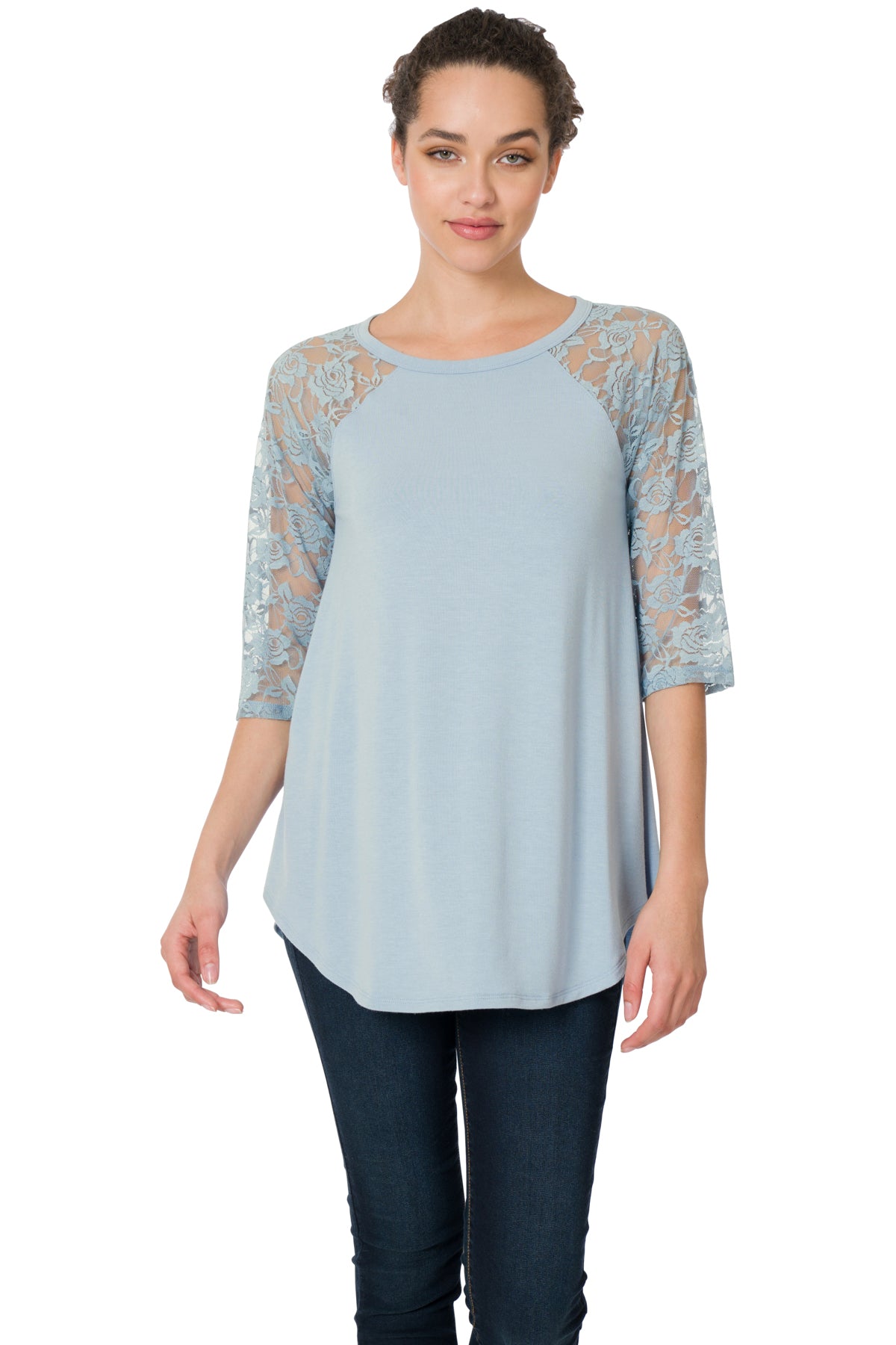Zenana Lace Half Sleeve Round Neck & Hem Top
