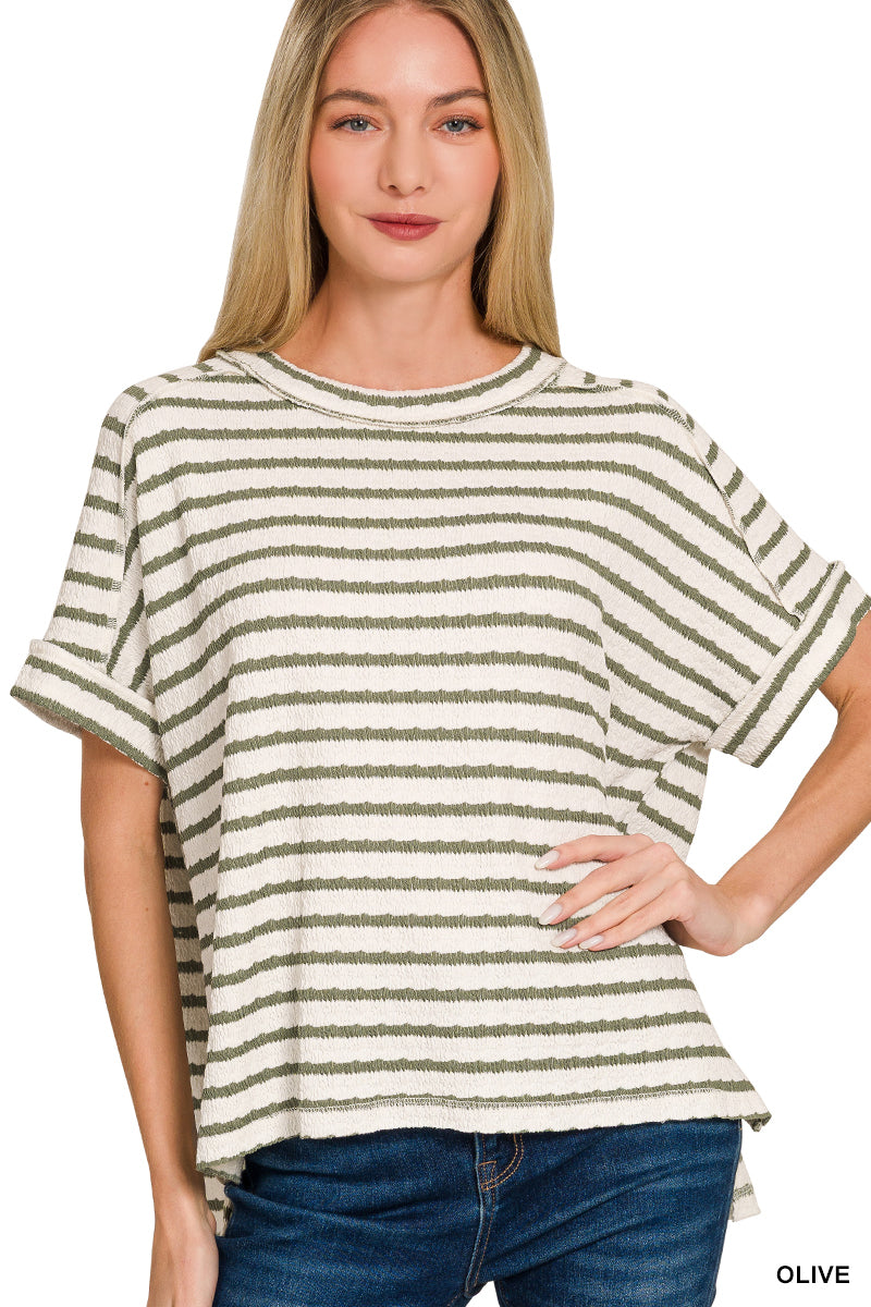 Zenana Striped Jacquard Round Neck Tee