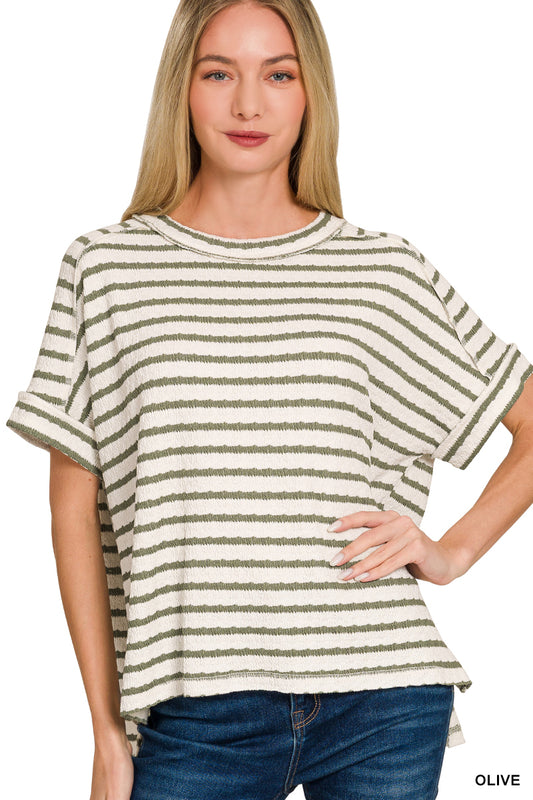 Zenana Striped Jacquard Round Neck Tee
