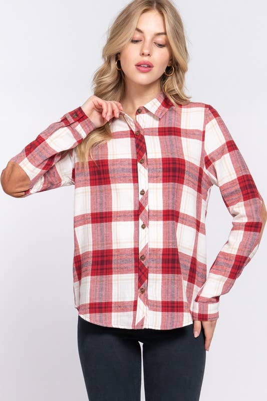 Button Down Plaid Flannel Shirt with Suede Patch