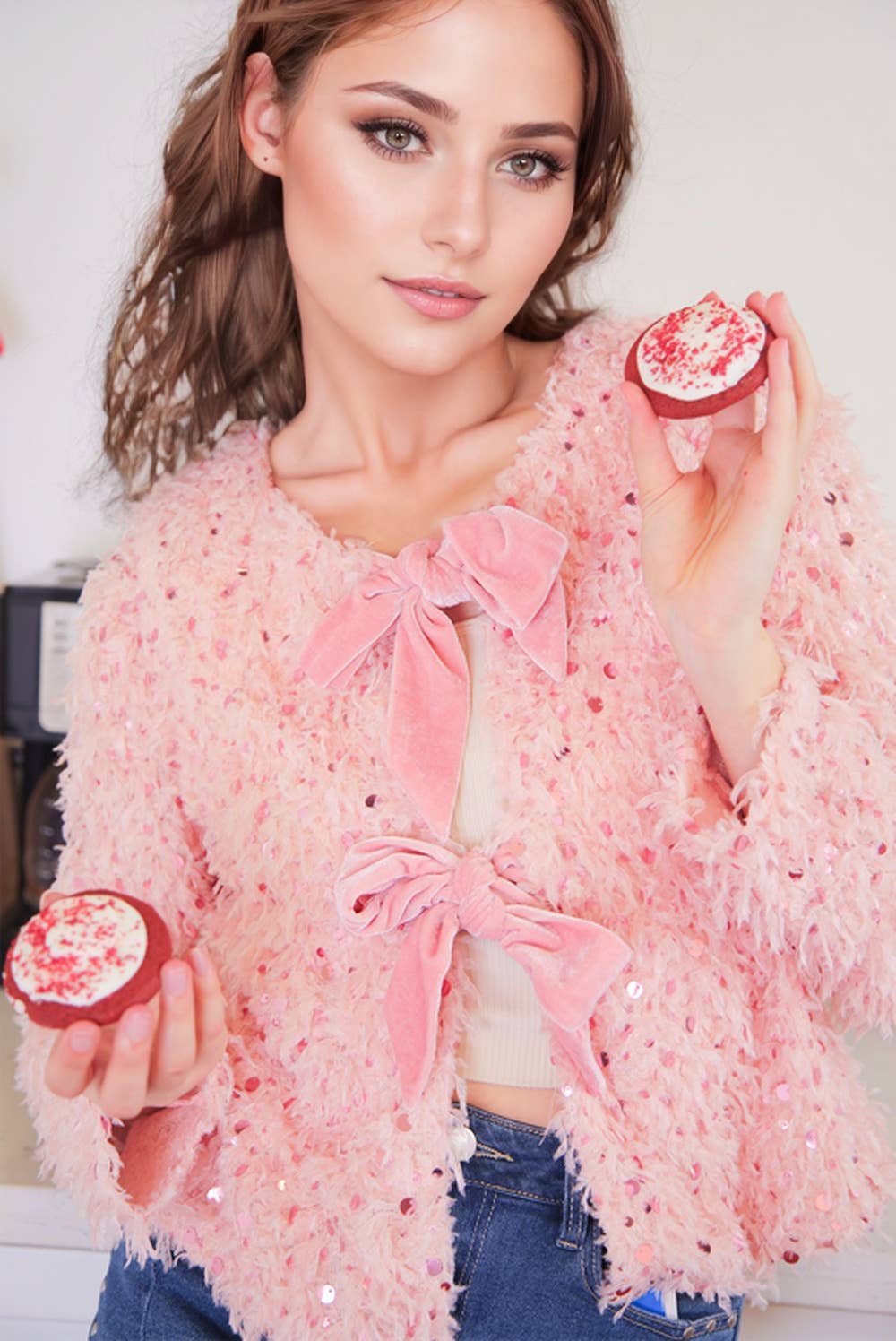 Sequin Textured Holiday Jacket with Front Tie