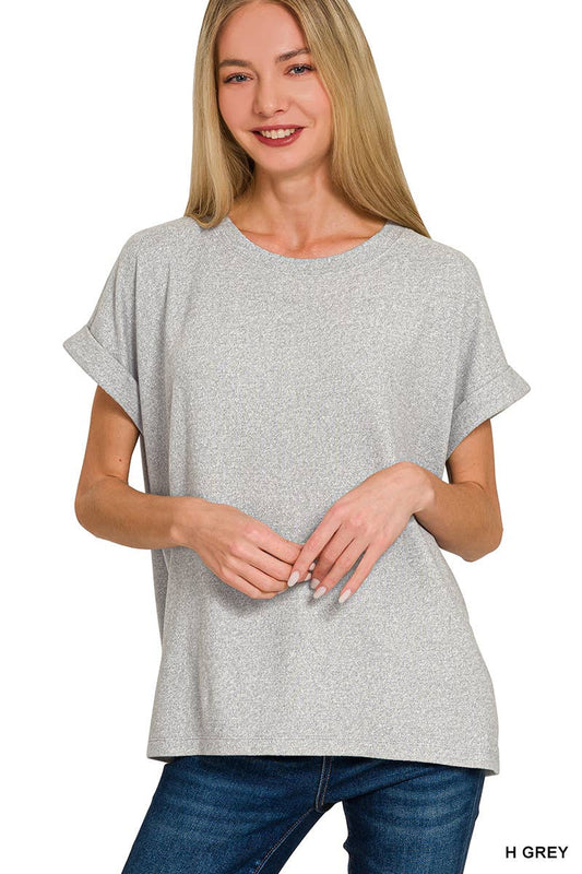 Zenana Soft Melange Folded Sleeve Round Neck Top