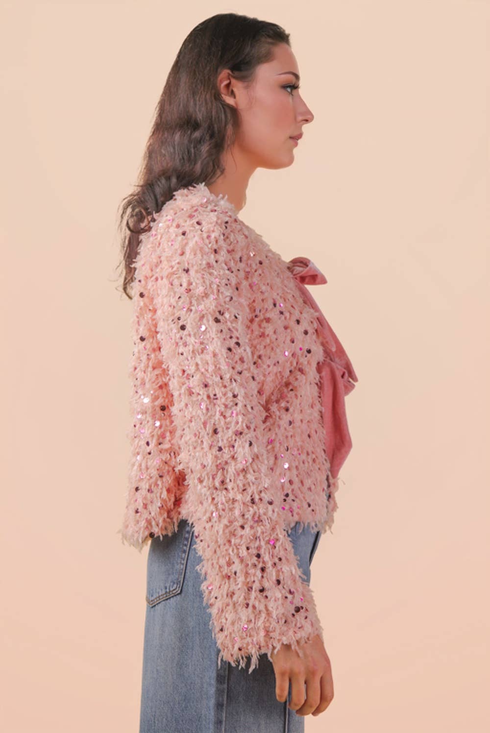 Sequin Textured Holiday Jacket with Front Tie