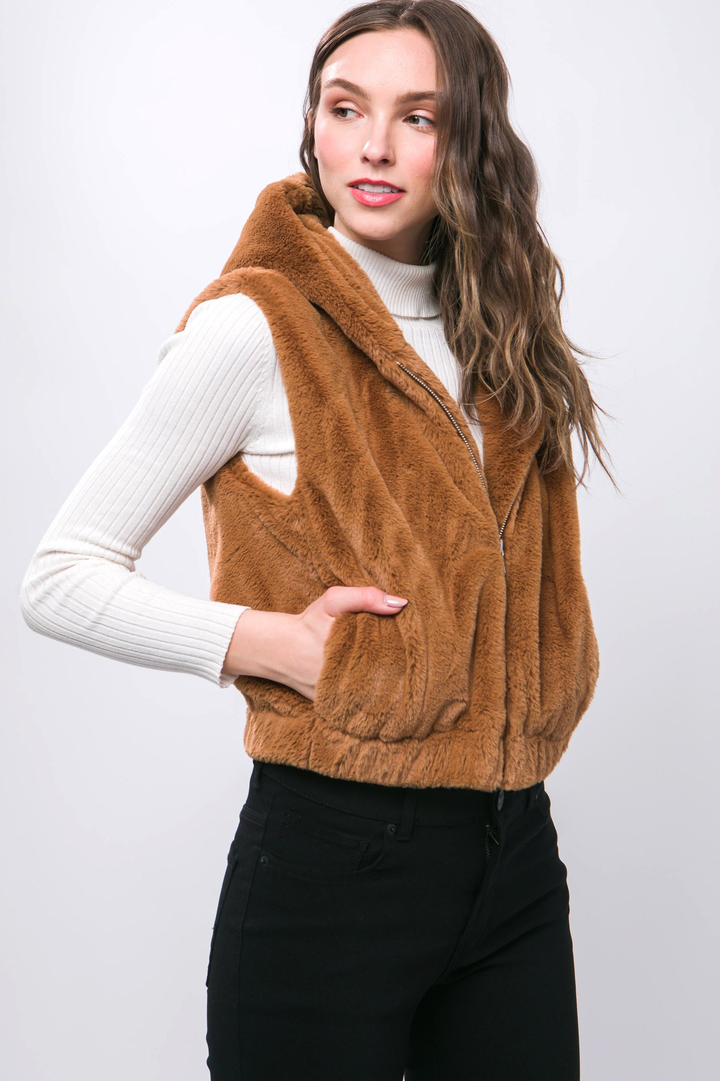 Love Tree Plush Hooded Zip Up Vest With Pockets