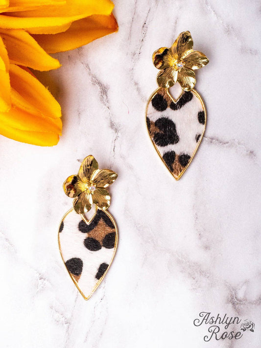 Gold Flower White Leopard Teardrop Earrings