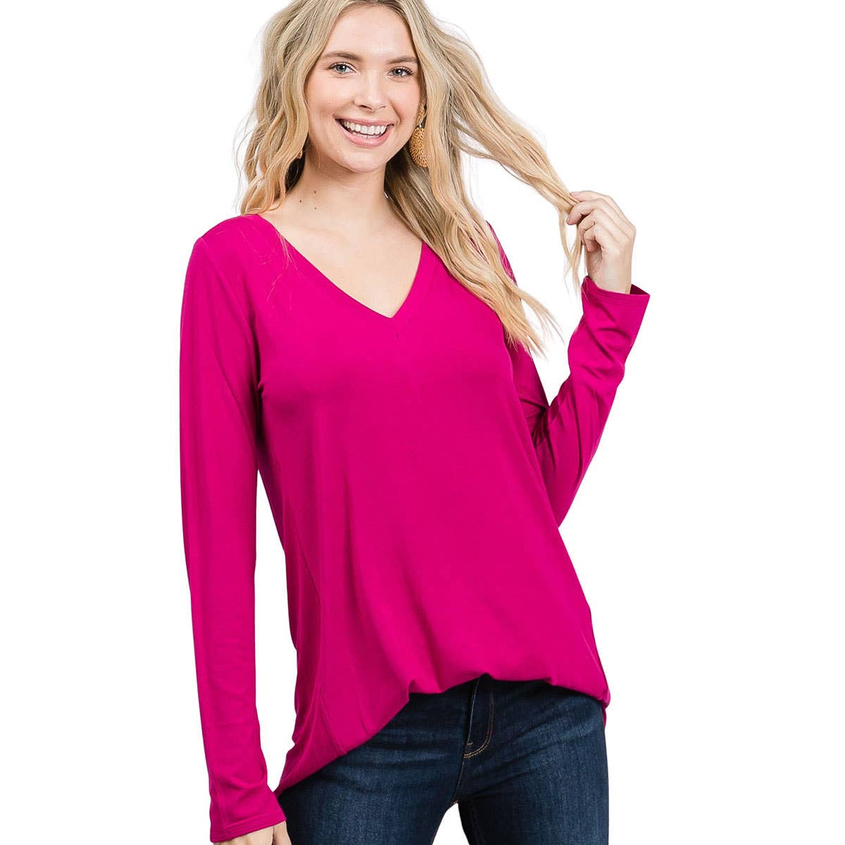 Luxe Rayon Long Sleeve V-Neck Dolphin Hem Top Color (2 Colors)