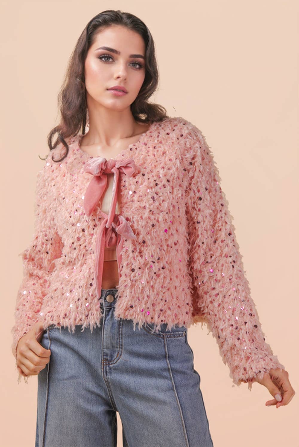 Sequin Textured Holiday Jacket with Front Tie