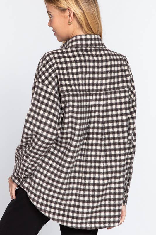 Long Sleeve Brushed Plaid Oversized Jacket