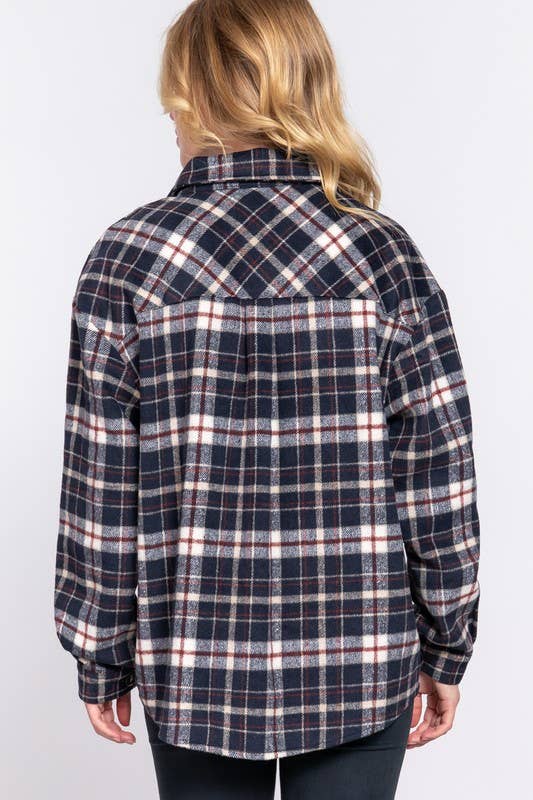 Long Sleeve Suede Pocket Detail Brushed Plaid Shacket