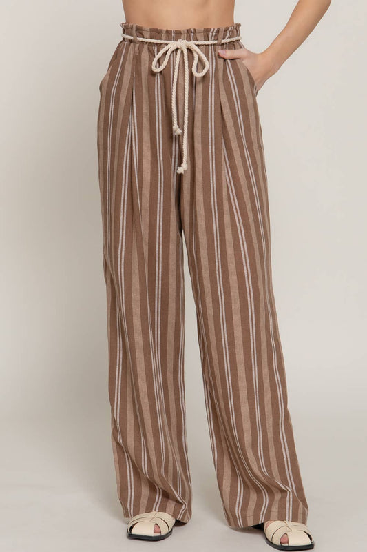 Rope Belted Stripe Linen Effect Pants w/ Pockets