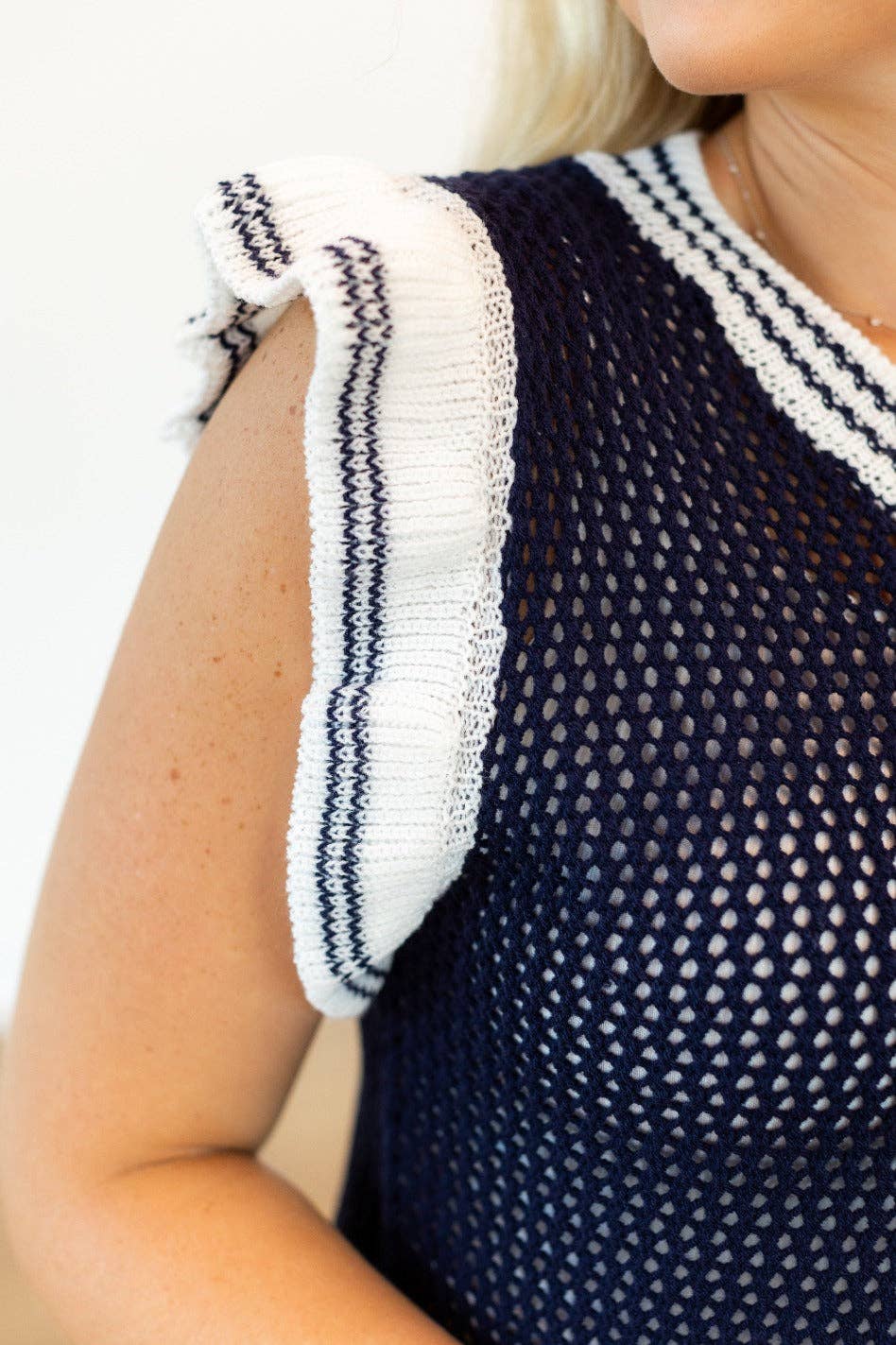 Navy Sweater Vest with White Stripes (Curvy Size)