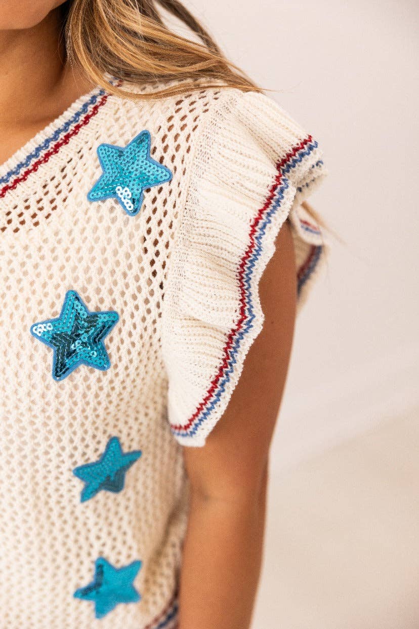 Knit Vest With Sequin Stars Patches (Curvy Size)