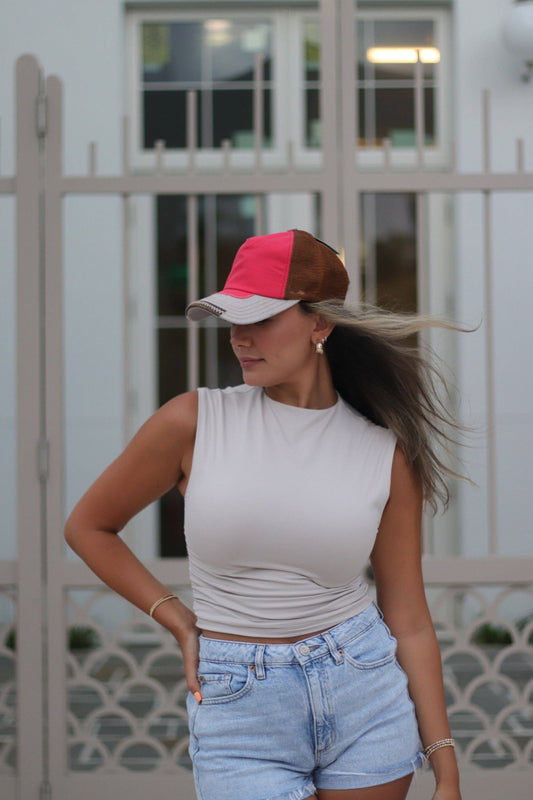 Red and Gray Hat with Brown Mesh
