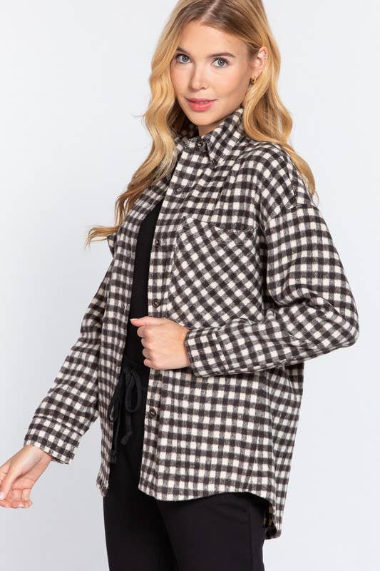 Long Sleeve Brushed Plaid Oversized Jacket