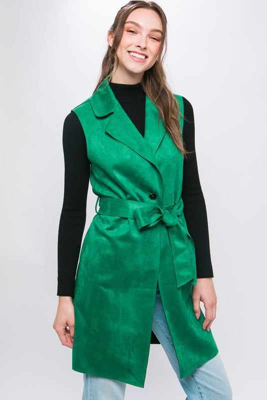 Love Tree Suede Solid Waist Tie Long Vest