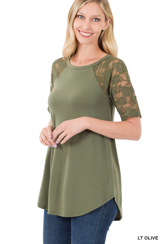 Zenana Lace Detail Short Sleeve Round Neck Top