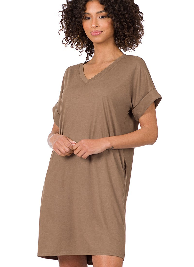 Zenana Brushed DTY Rolled Short Sleeve V-Neck Dress (2 Colors)