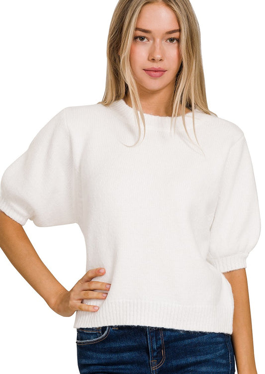 Zenana Melange Puff Short Sleeve Round Neck Sweater