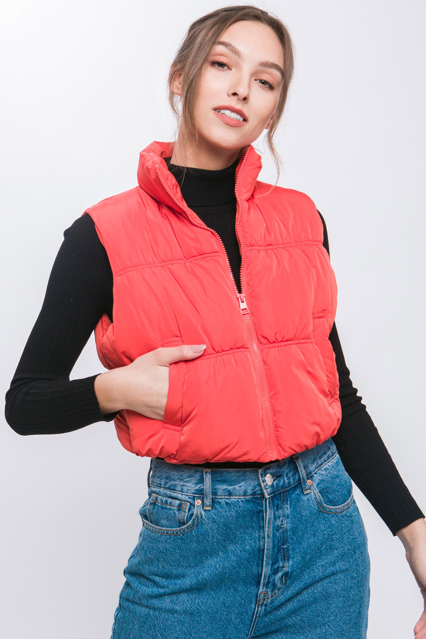 Love Tree High Neck Zip Up Puffer Vest with Pockets