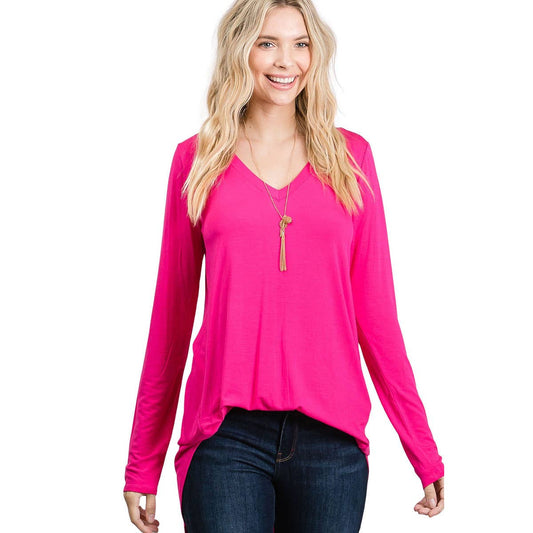 Luxe Rayon Long Sleeve V-Neck Dolphin Hem Top Color (2 Colors)