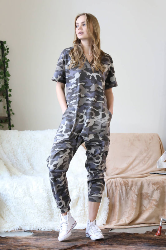 Zenana Camoflage Drop Shoulder Harem Jumpsuit with Pockets