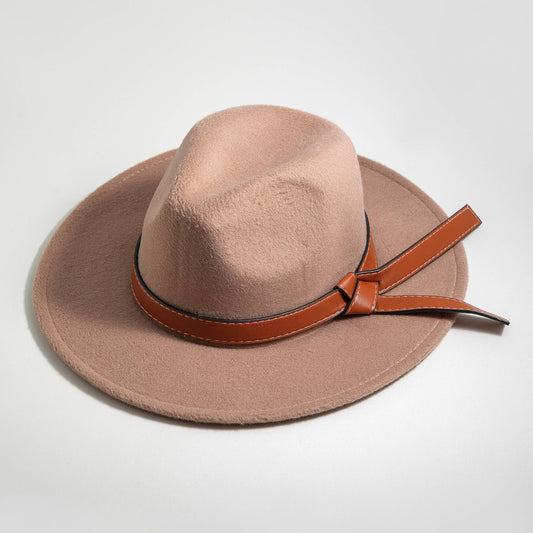 Faux Wool Panama Hat with Tied Leather Strap