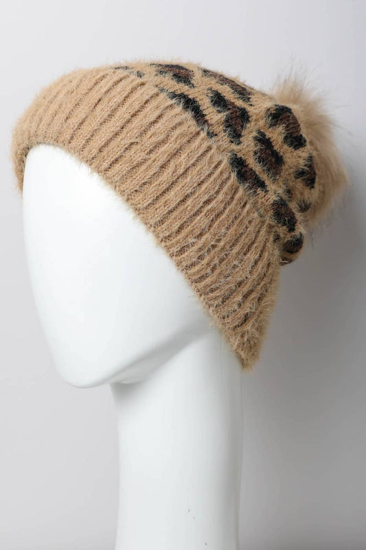 Leopard Knit Beanie With Faux Fur Pom Pom