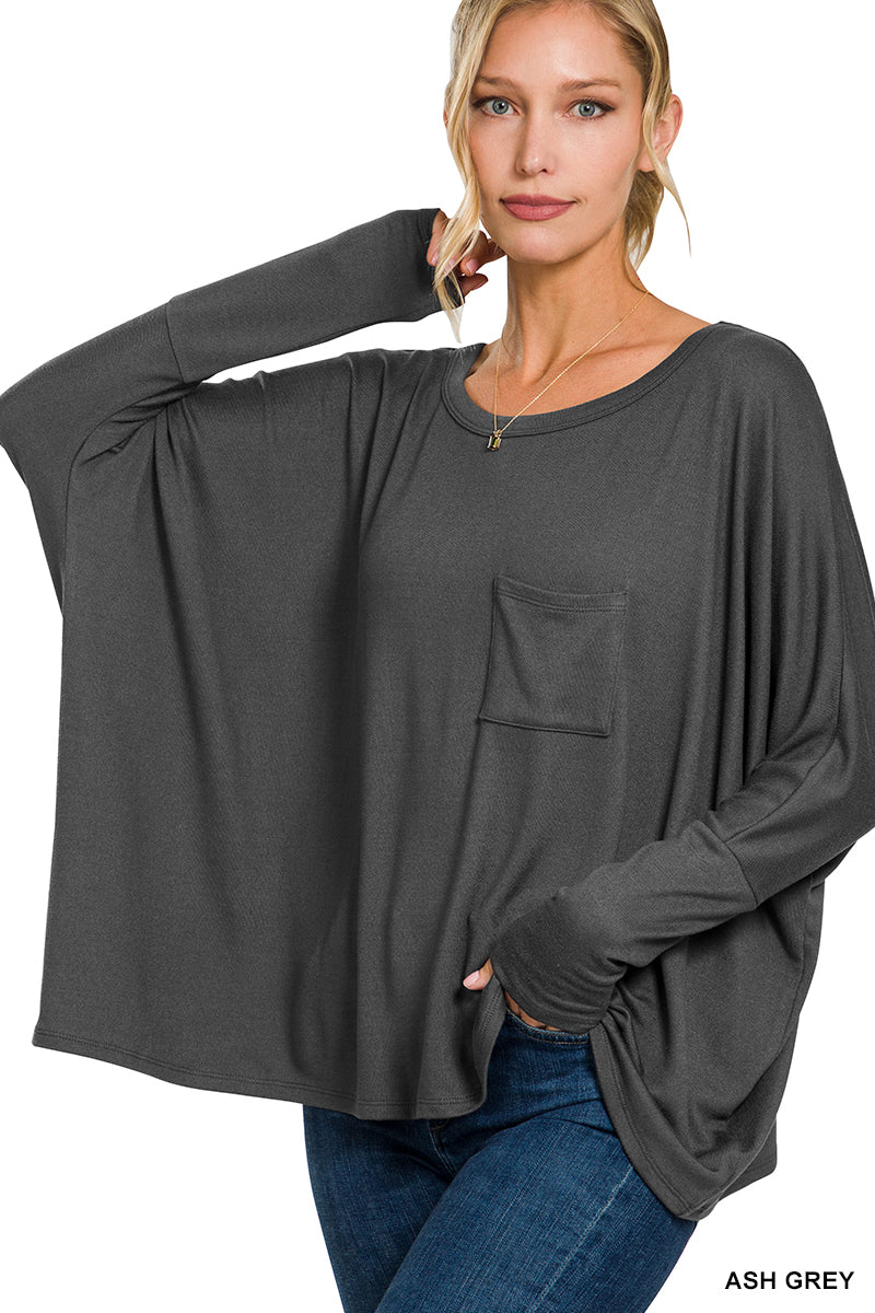 Zenana Dolman Sleeve Round Neck Top with Front Pocket