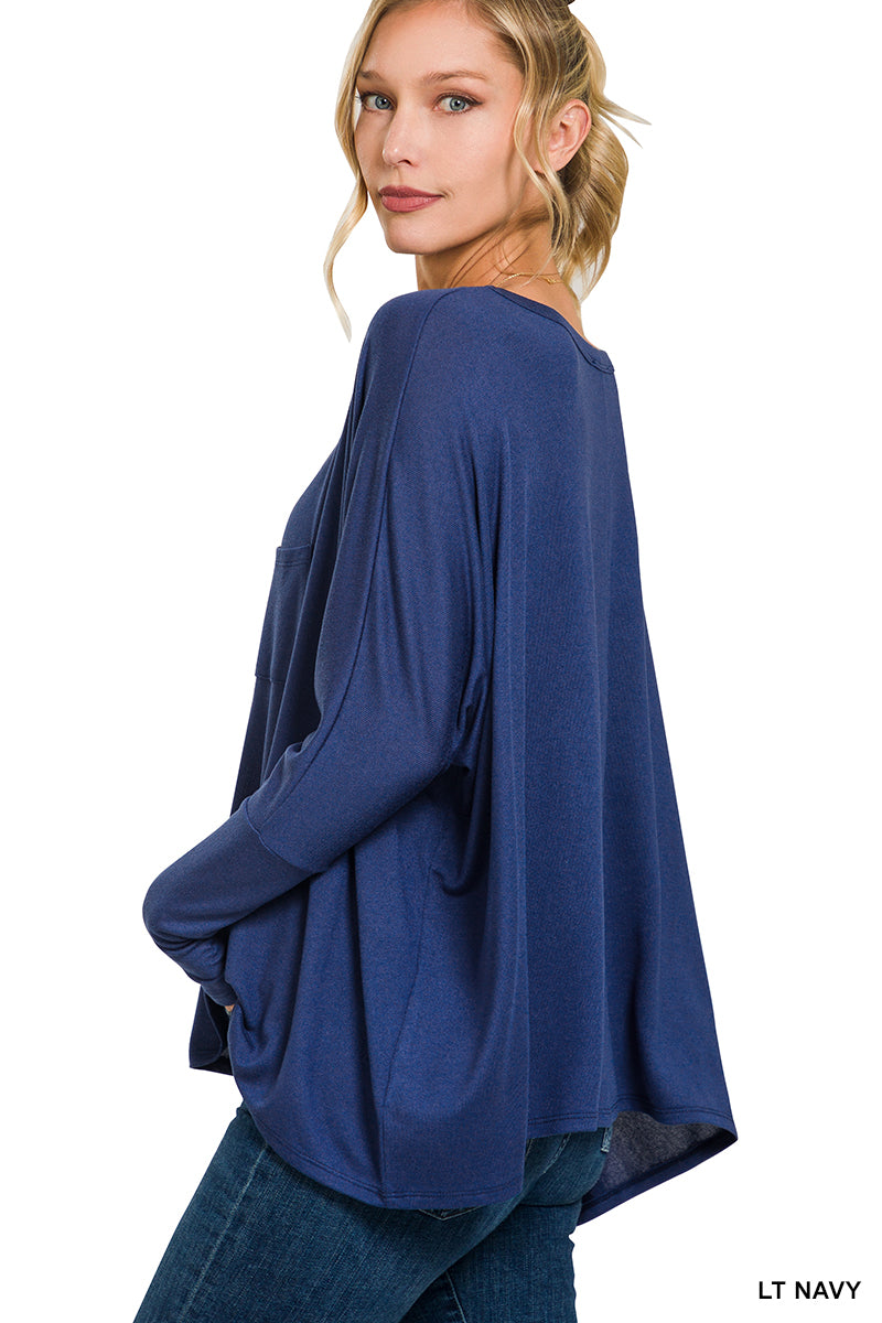 Zenana Dolman Sleeve Round Neck Top with Front Pocket