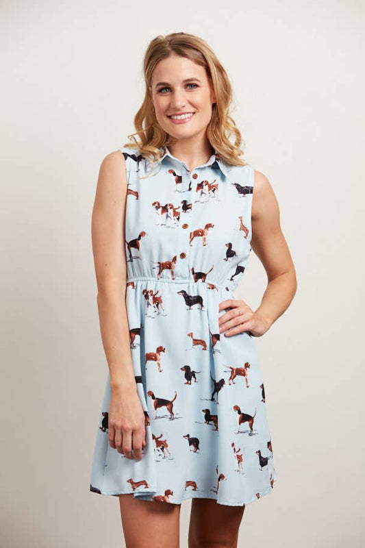 Collared Neck Dachshund and Beagle Print Dress